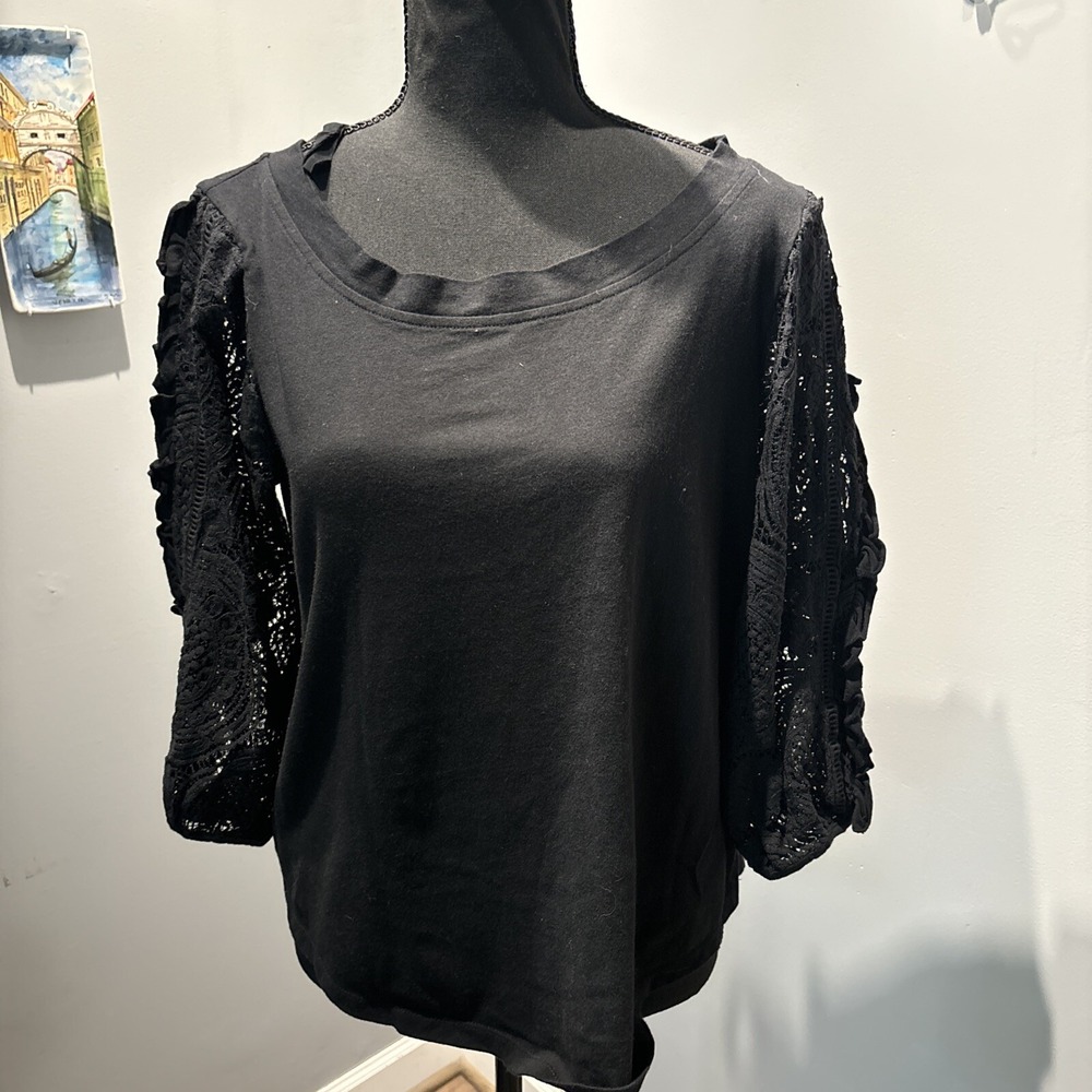 Anthropologie‎ Womens Sz M Black Blouse Lace Sleeve Whimsigoth Coquette